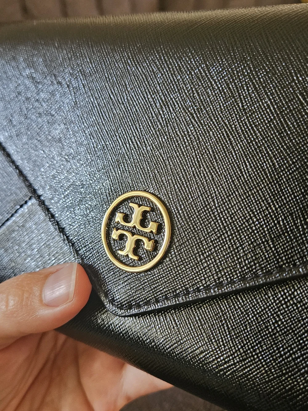Tory Burch Black Saffiano Leather Clutch Wristlet with Gold Logo
